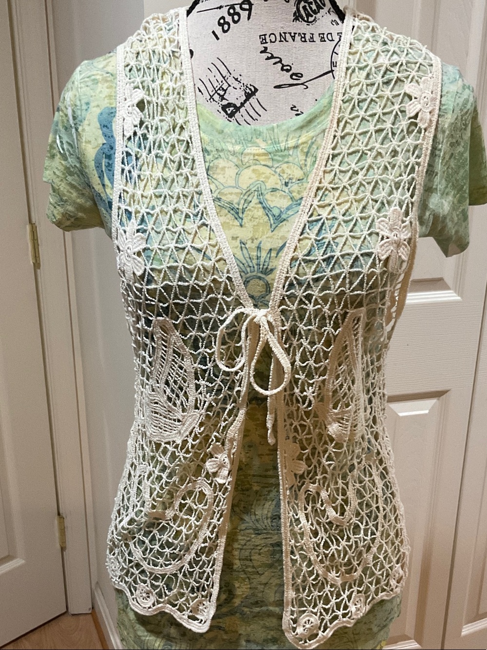 Women's Cream 100% Cotton Butterfly Crochet Openwork Vest - Boho Layering Top